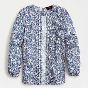 J. Crew Liberty Mix Floral Long Sleeve Scallop Blouse In Indigo Multi Size Small